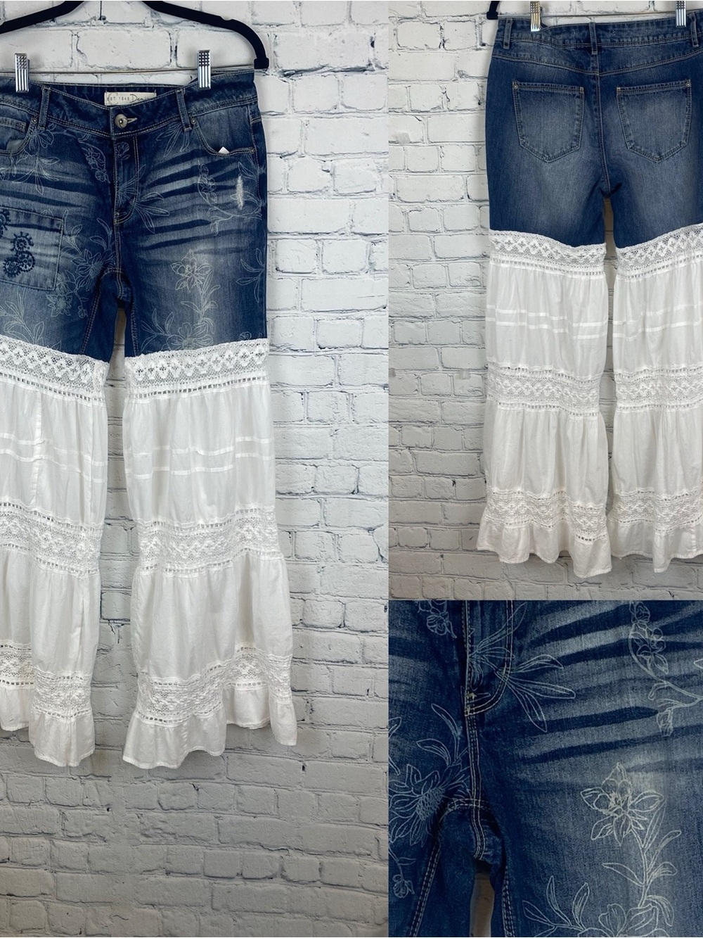 One of a kind Upcycled White lace Bell Bottom Jeans